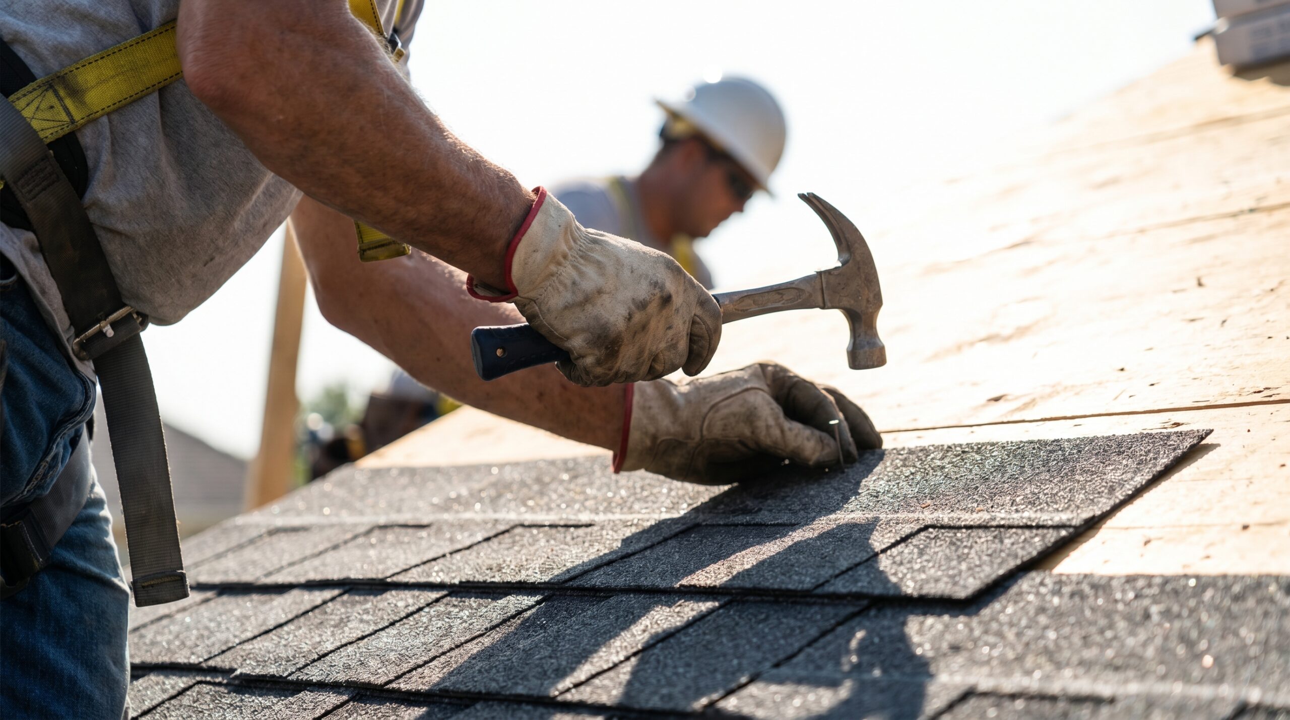 Roofer working on a residential roof replacement