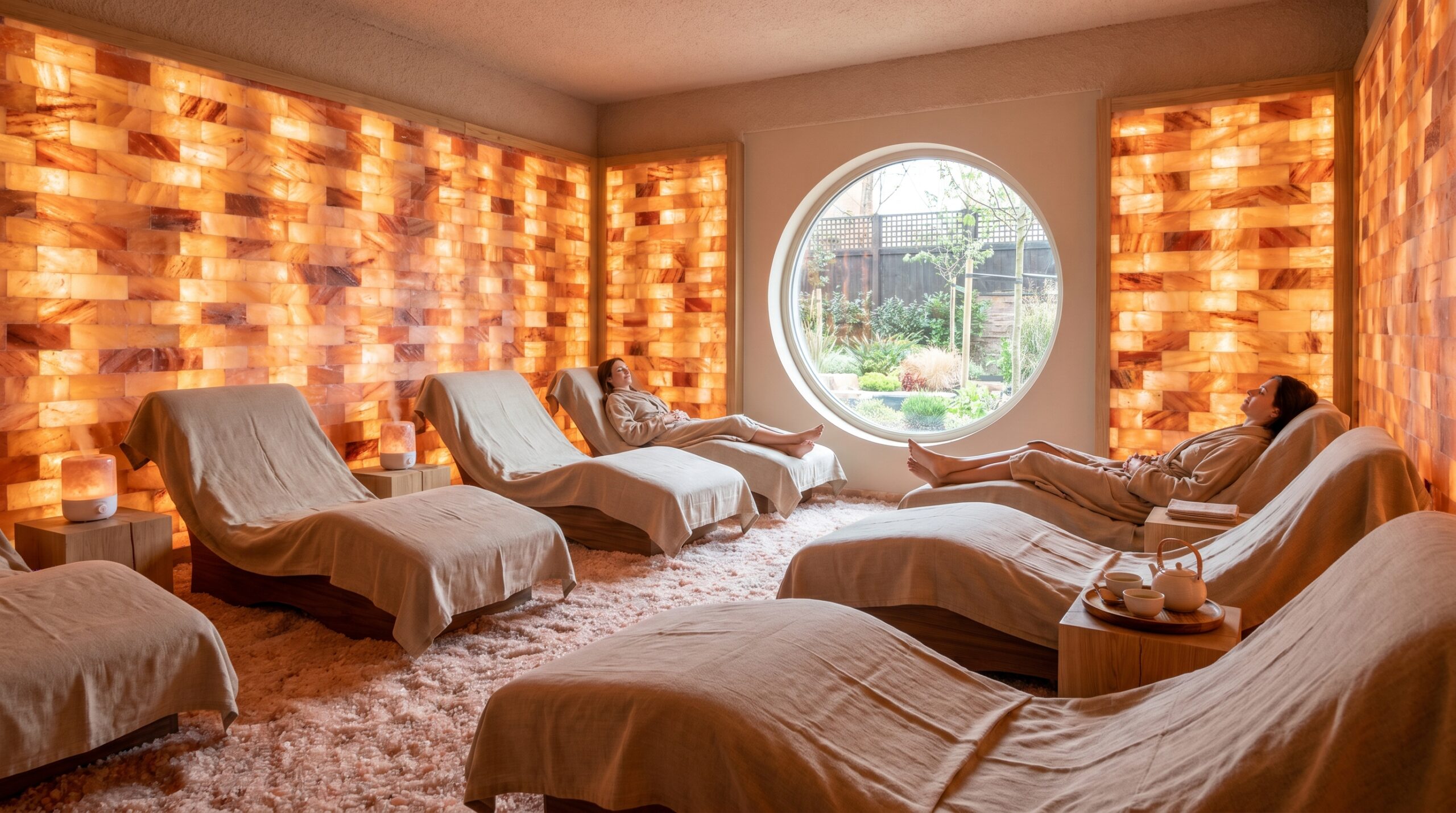 Serene salt therapy room with warm lighting