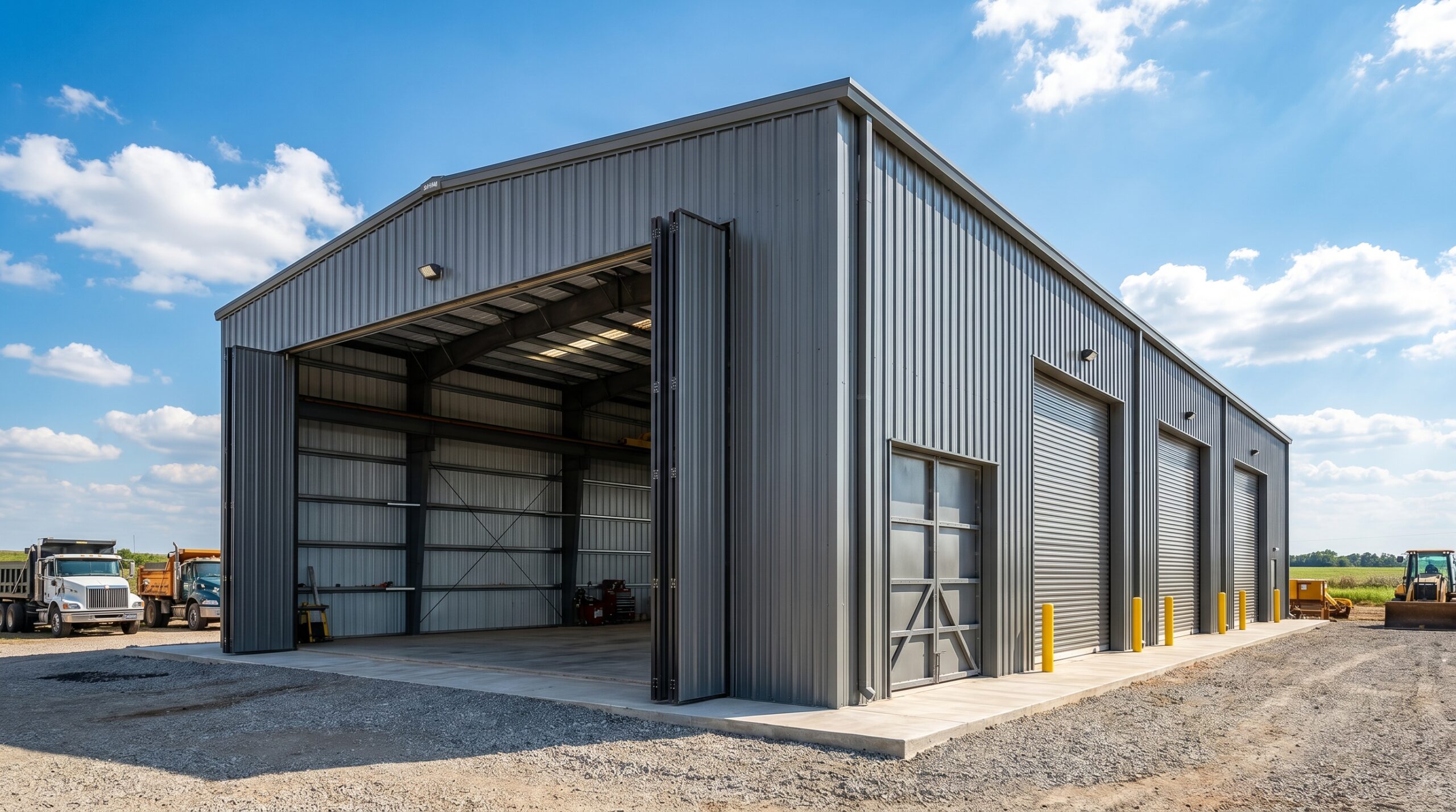 Metal workshop garage with open doors