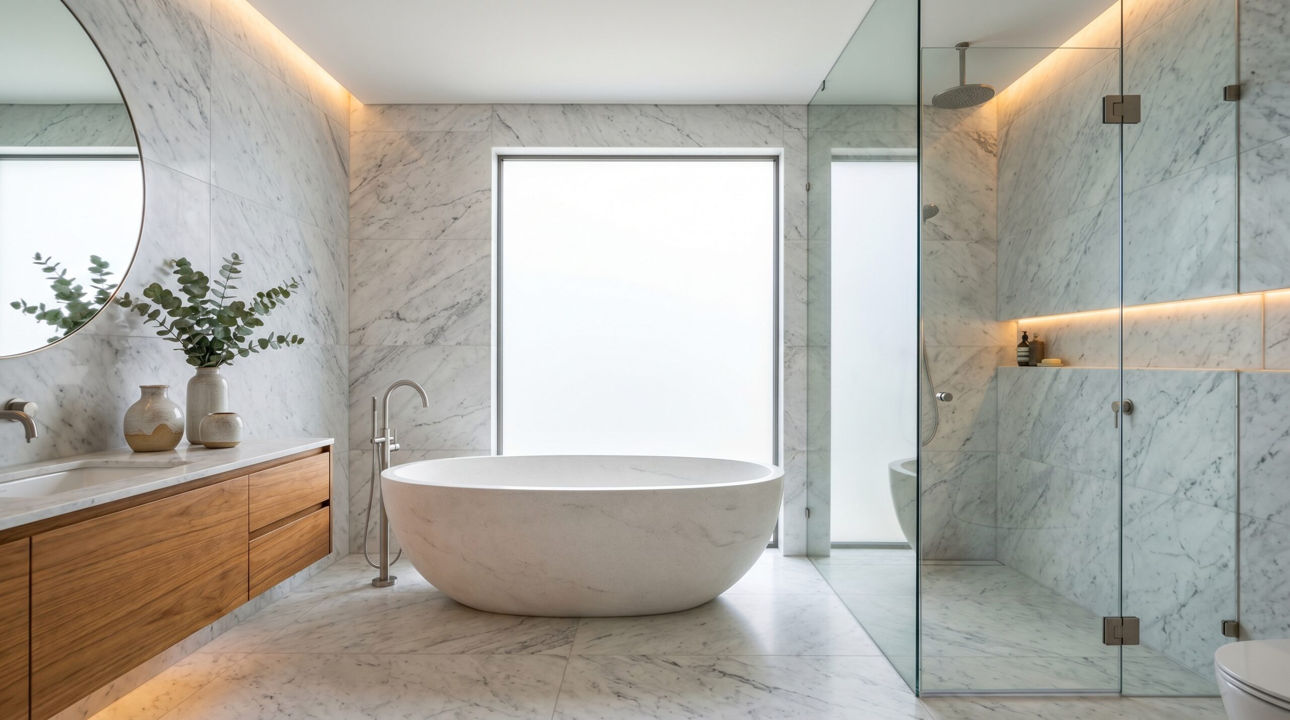 Modern bathroom renovation with new tiles and fixtures