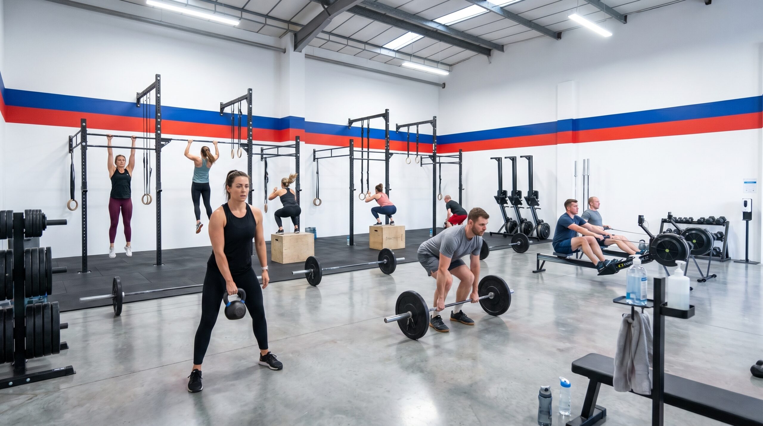 Modern gym floor with equipment and members training
