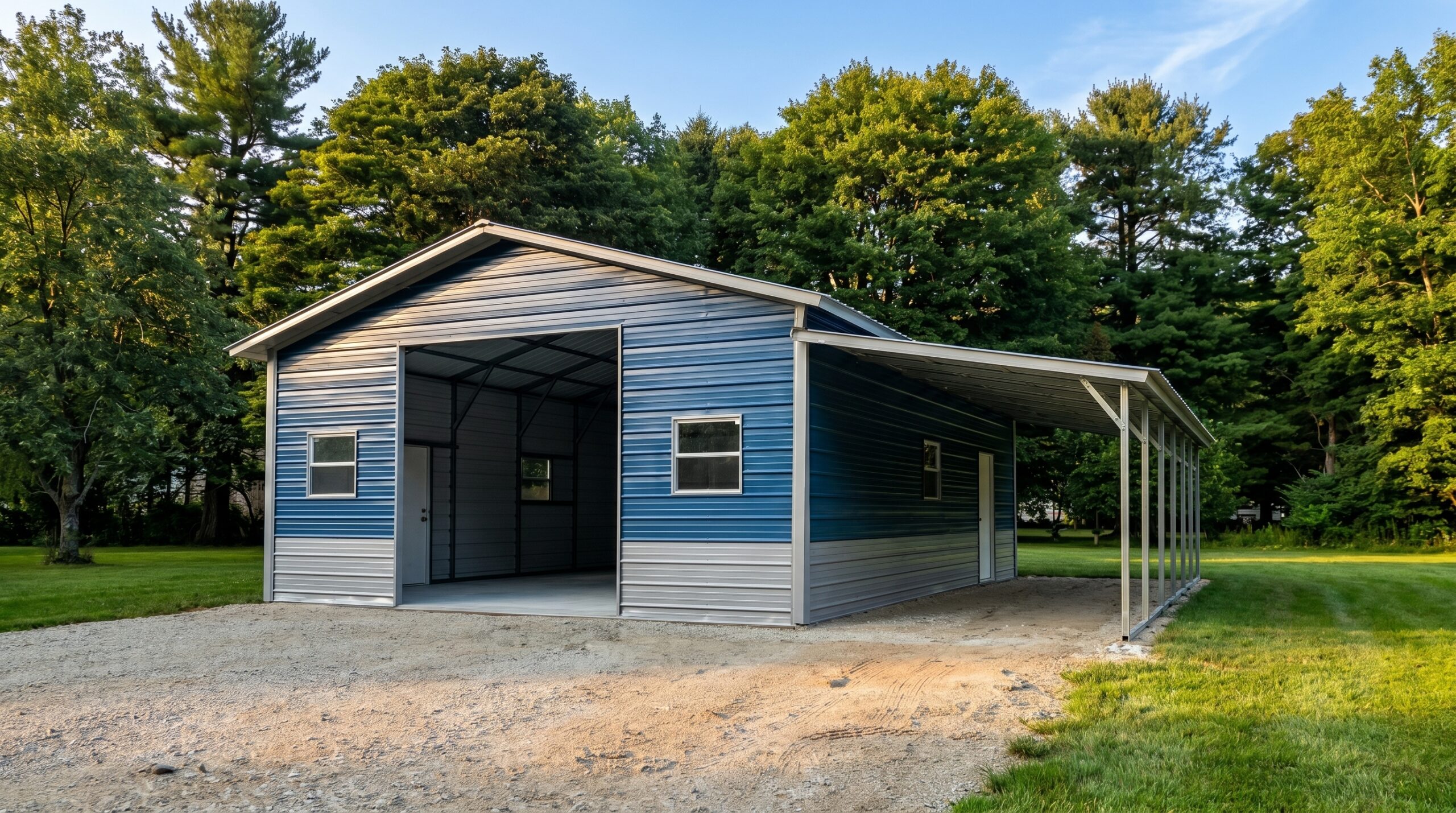 Metal garage and carport structure installed on a residential property
