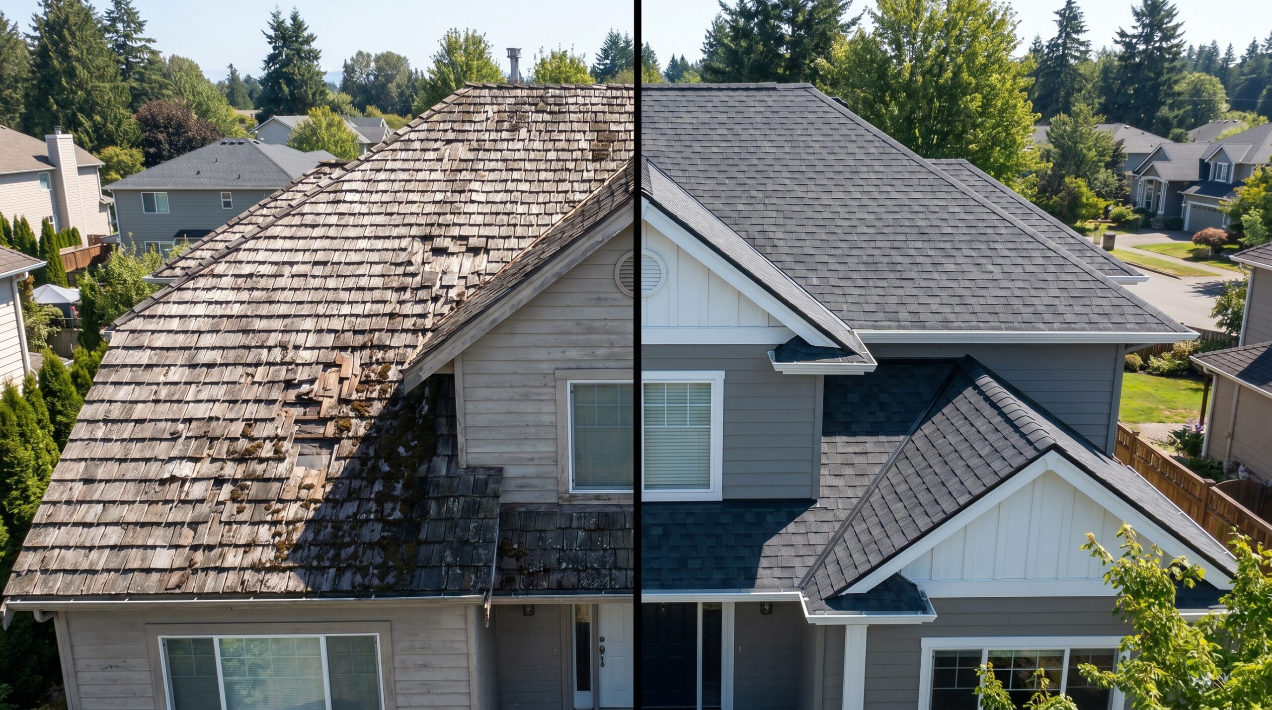 Roof replacement before and after