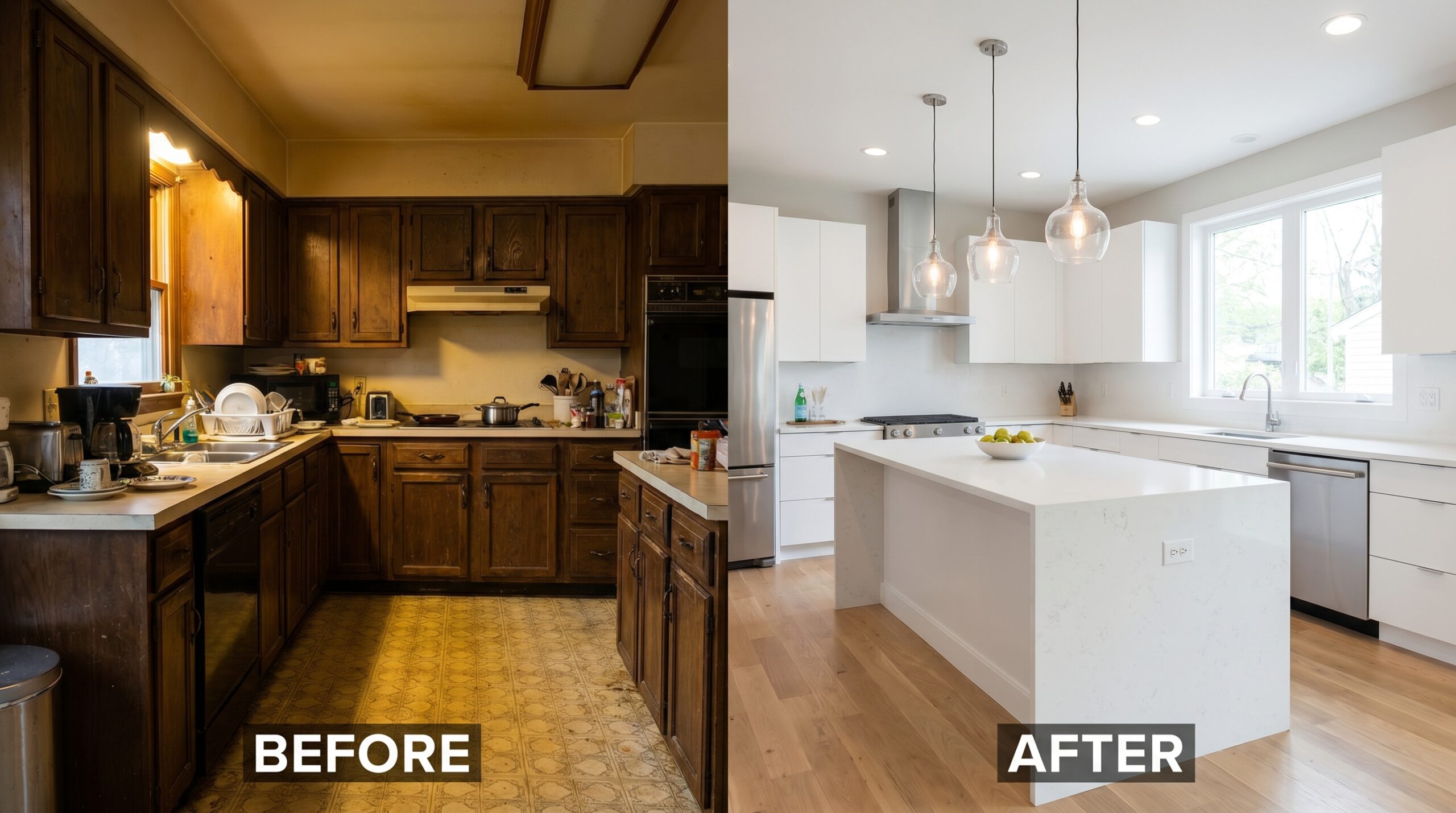 Kitchen before and after renovation